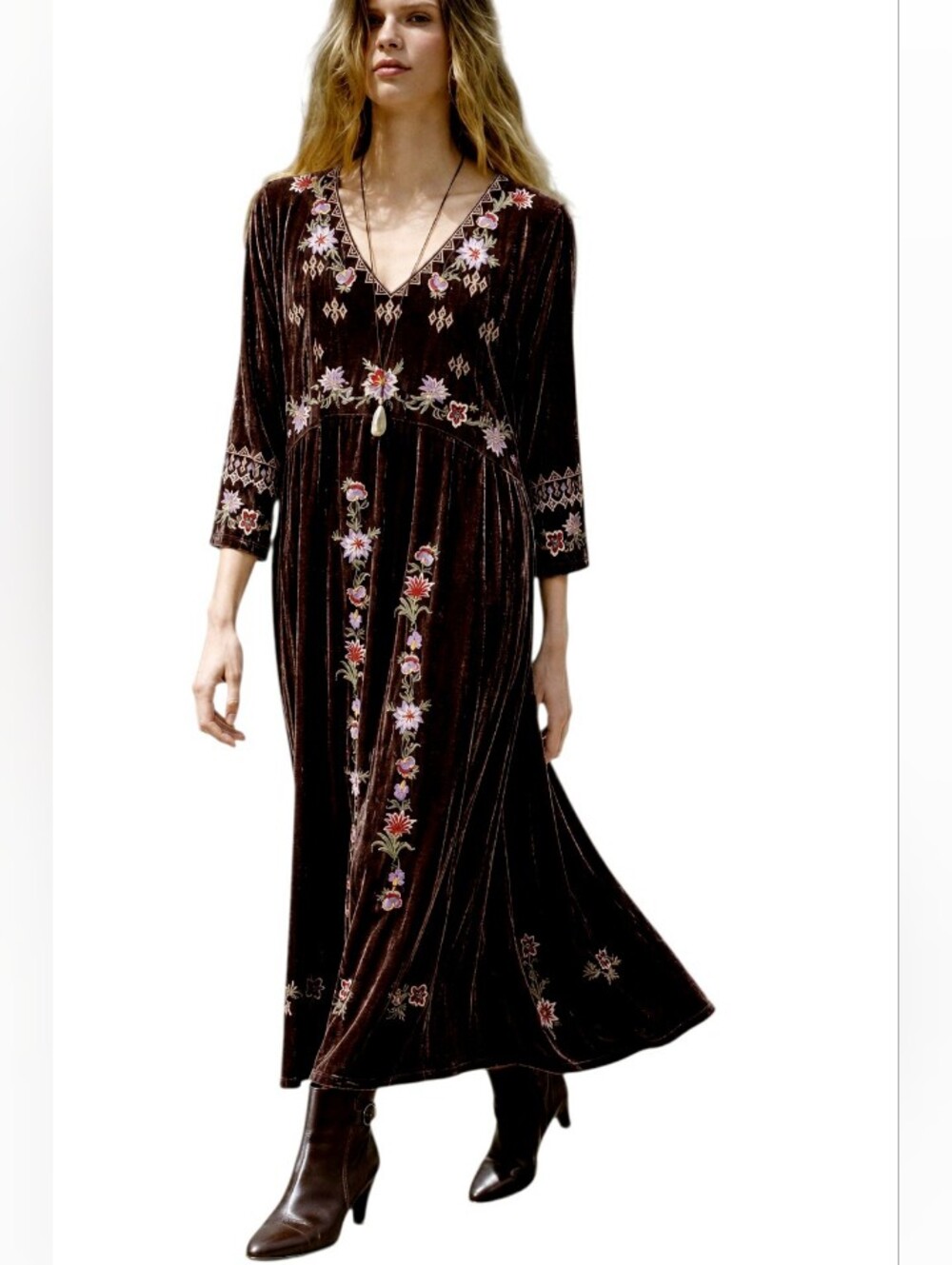 paparazzi Brown Velvet Maxi Dress with Floral Embroidery Harvest Festival